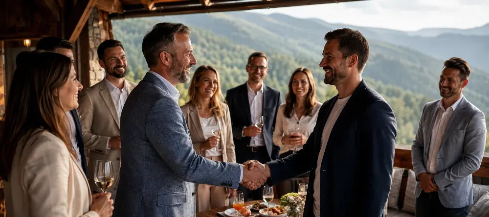 Мотиваційна корпоративна поїздка — вітання команди на терасі з панорамою Карпат