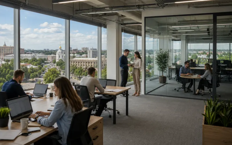 Команда компанії в панорамному офісі за роботою - корпоративні виїзди та тимбілдинги в Карпатах під ключ