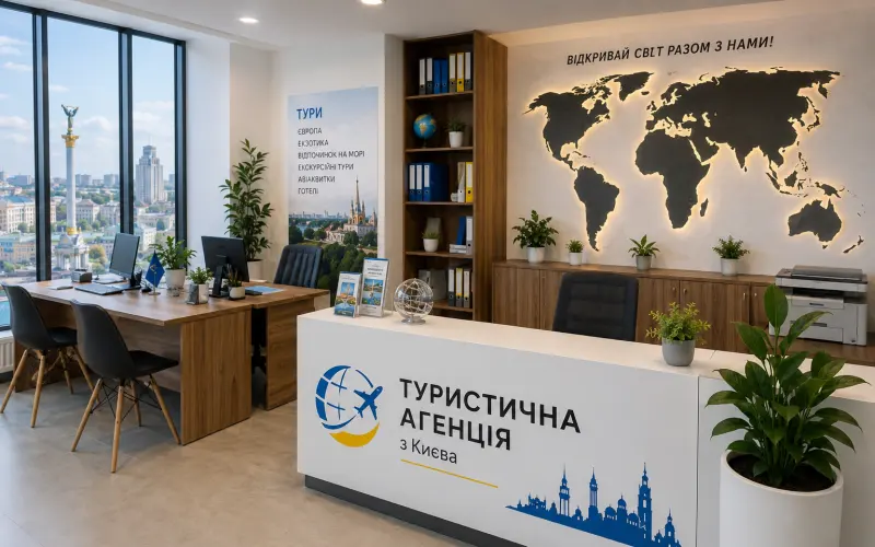 Офіс туристичної агенції з Києва з картою світу та стійкою рецепції - агенції з інших міст України продають тури Закарпаттям від «Про Карпати»