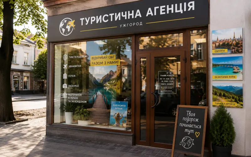 Вітрина туристичної агенції в Ужгороді з афішами турів у Європу та Карпати - партнерство турагенцій Закарпаття з туроператором «Про Карпати»