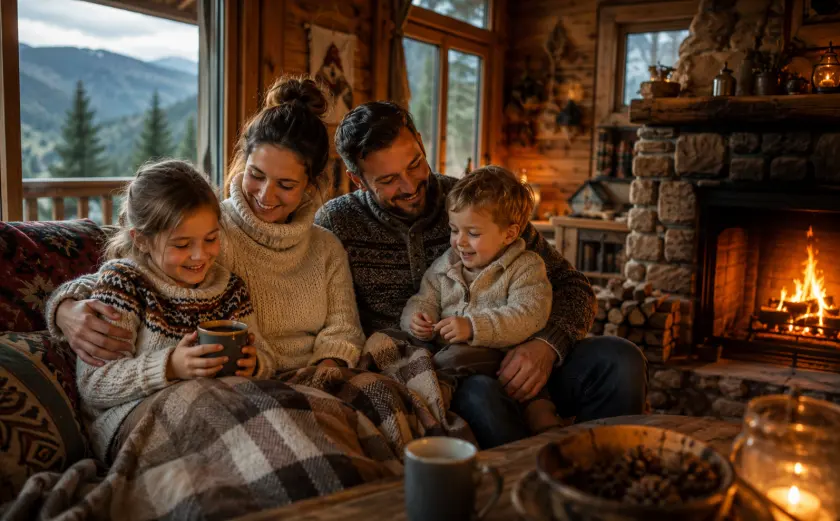Родина з дітьми біля каміна в дерев’яній садибі з видом на гори - вікенд перезавантаження в Карпатах