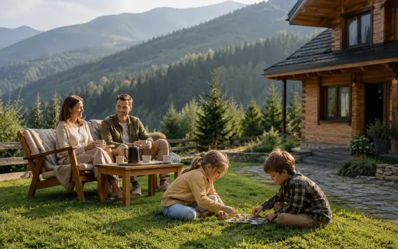 Родина з дітьми відпочиває на галявині біля дерев’яної гірської садиби в Карпатах - сімейне перезавантаження разом