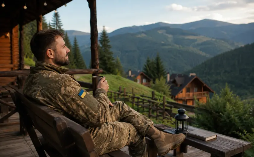 Військовий у формі відпочиває з горнятком чаю на терасі гірської садиби з видом на Карпати - тиха відпустка для захисників