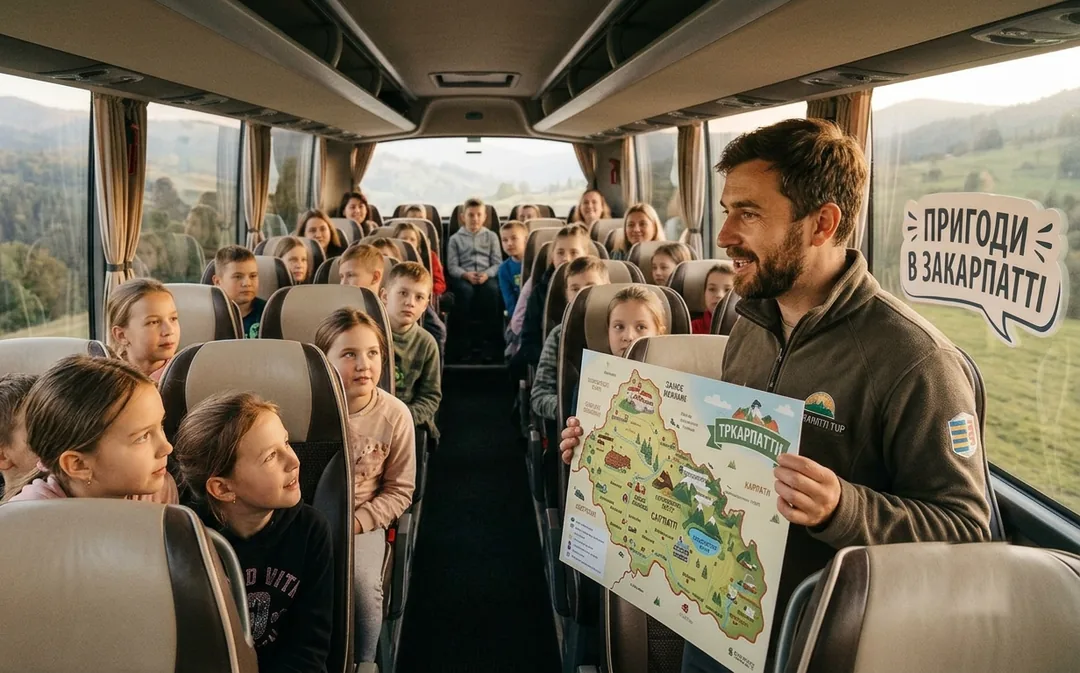 Гід зі шкільною групою в автобусі показує мапу Закарпаття