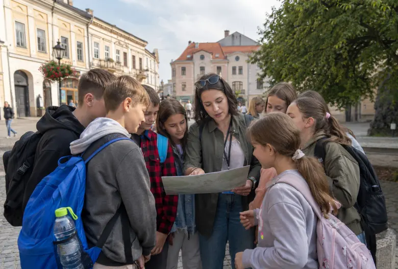 Група школярів з екскурсоводом і картою на площі старого Ужгорода - шкільна екскурсія з квестом Закарпаттям