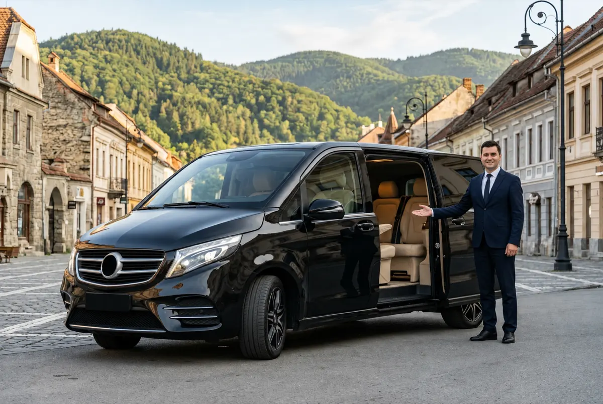 Водій у костюмі біля чорного мінівена Mercedes-Benz V-Class на площі старого міста