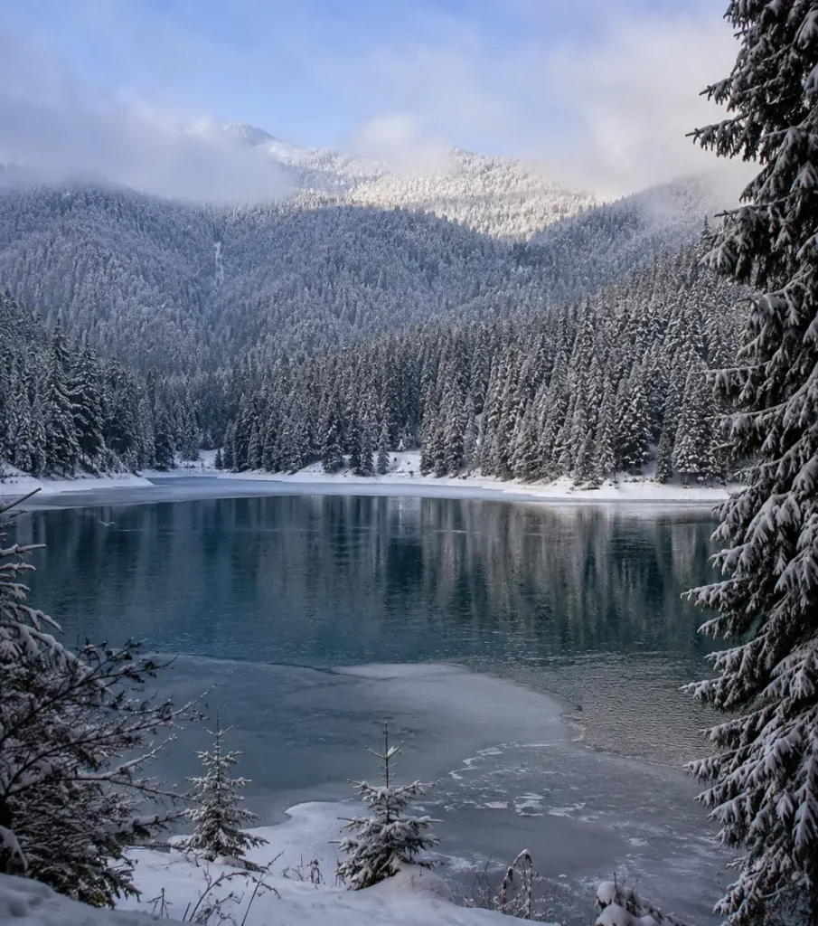 Lake Synevyr - In winter the Sea Eye of the Carpathians is especially quiet and photogenic: snow-covered spruces and mirror-like ice