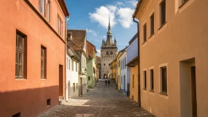 Середньовічна вулиця й Годинникова вежа в Сігішоарі, Румунія, у теплому вечірньому світлі.
